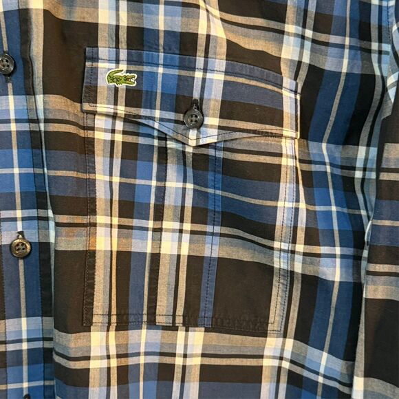 Lacoste Slim Fit Button Front Shirt Men 44 Large Blue Black Plaid Cotton Pockets - Picture 4 of 10